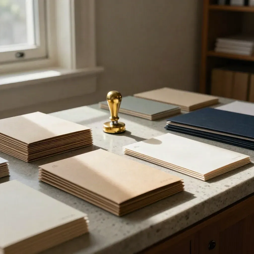Stone counter with welcome packets, member cards, trays and brass stamp in moody light.