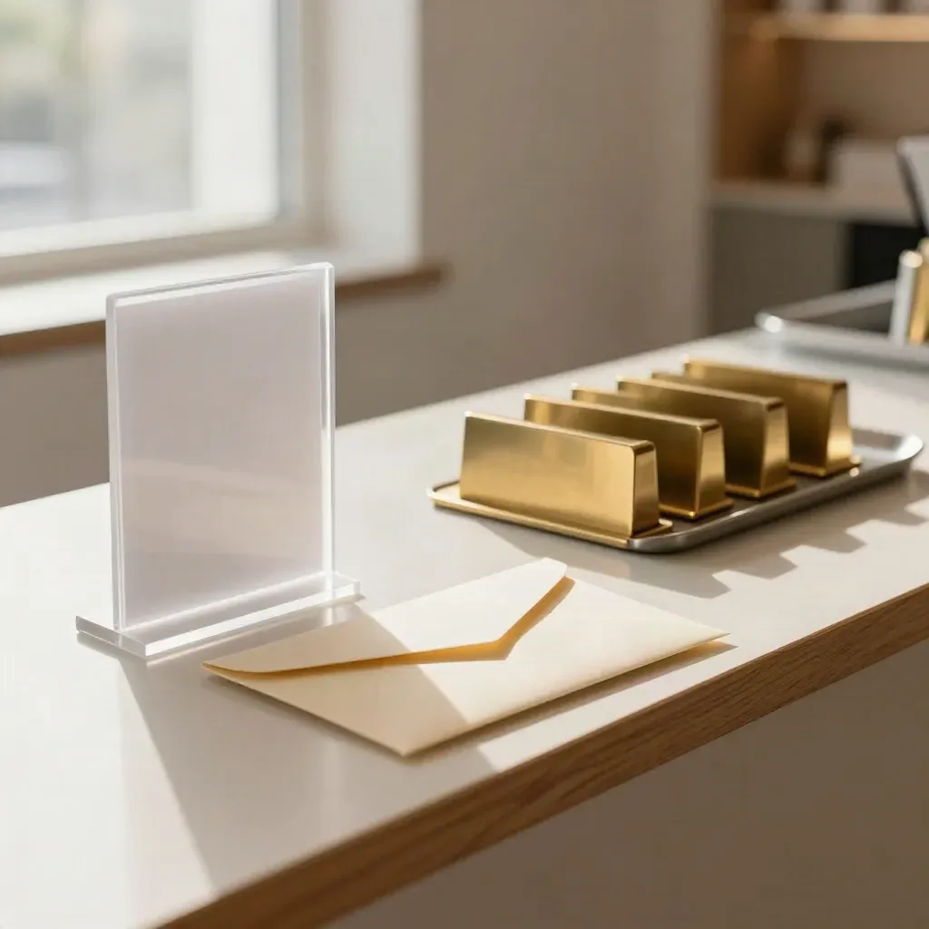 Enrollment counter with acrylic sleeves, cream envelopes, and brass card holders in warm window light.