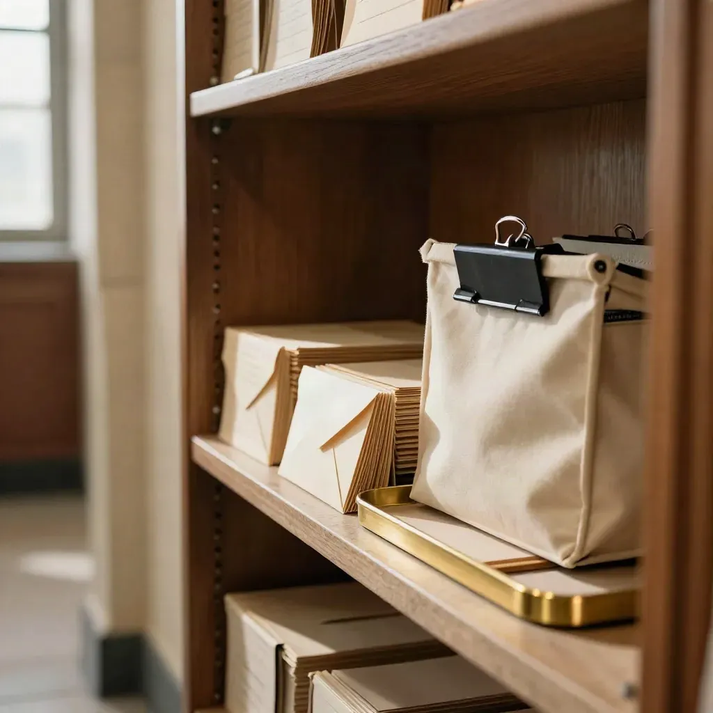Dispatch shelf with face-down notice cards, envelope packs, binder clips, and a postal tote on pale stone.