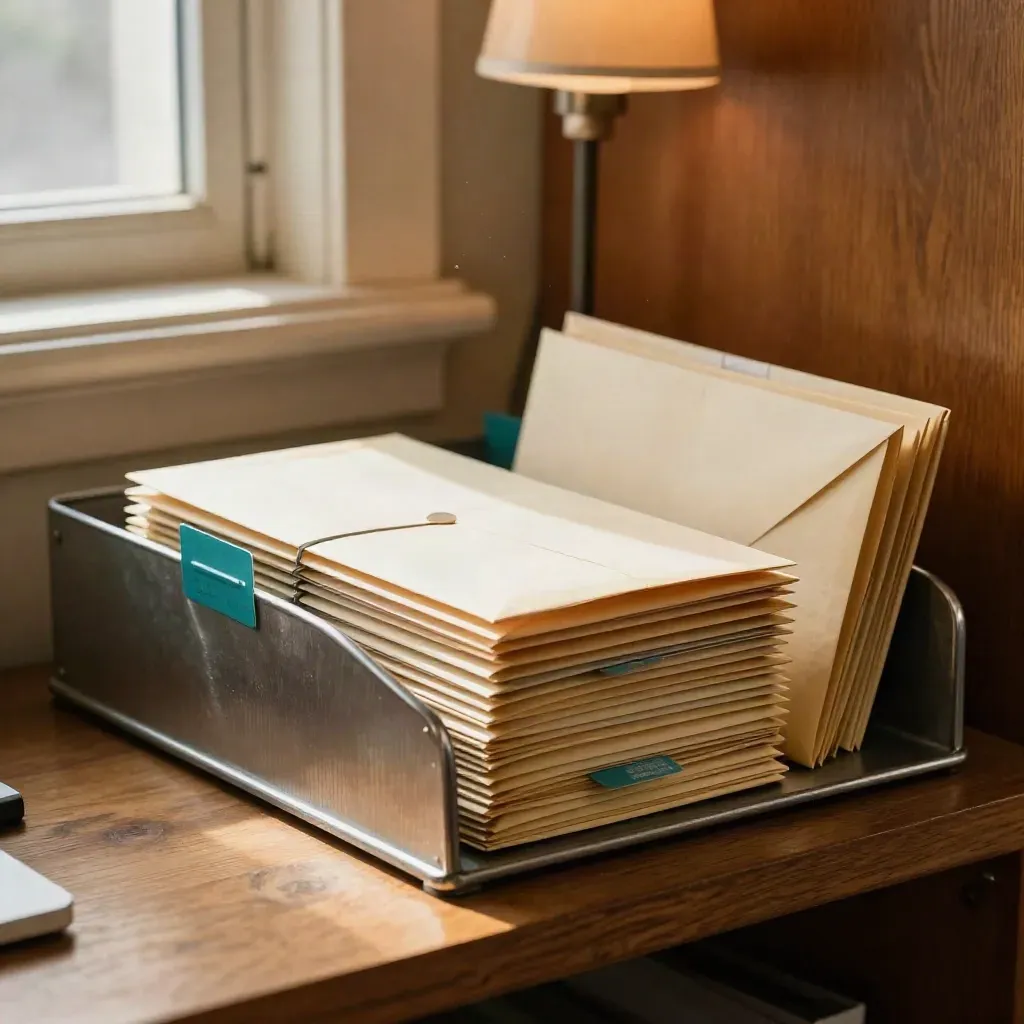 Sealed remittance envelopes stacked in a dues tray under a warm task lamp.