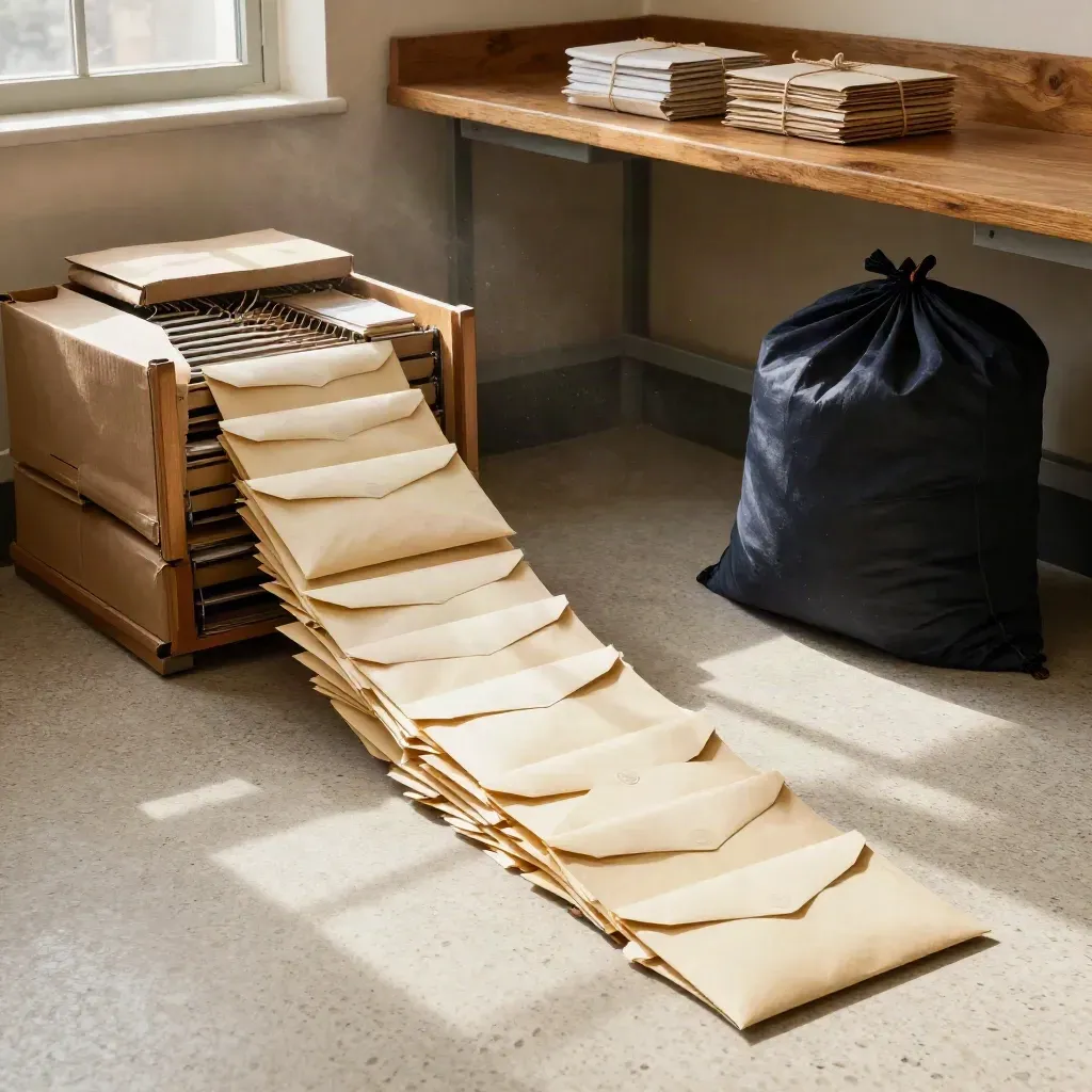 Canted renewal mail room with sealed envelopes, mailing sacks, and a wooden sorter in dramatic light
