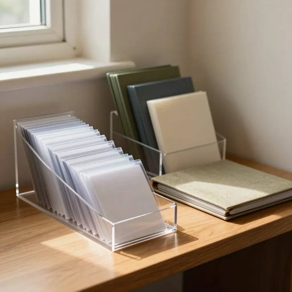 Benefits setup station with acrylic stand, card sleeves, and slate dividers by warm window light