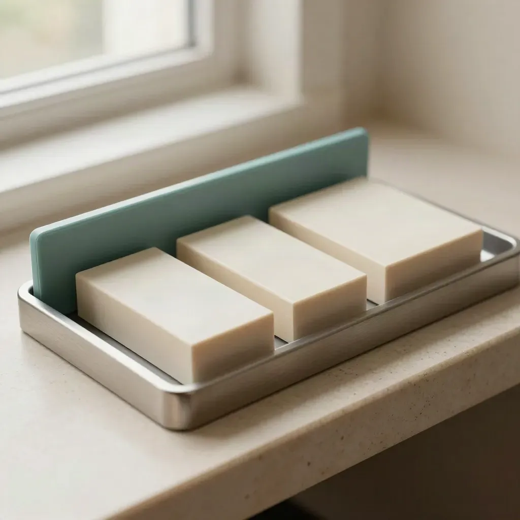 Macro of a metal inbox tray, teal dividers, and blank index blocks in diagonal alignment.
