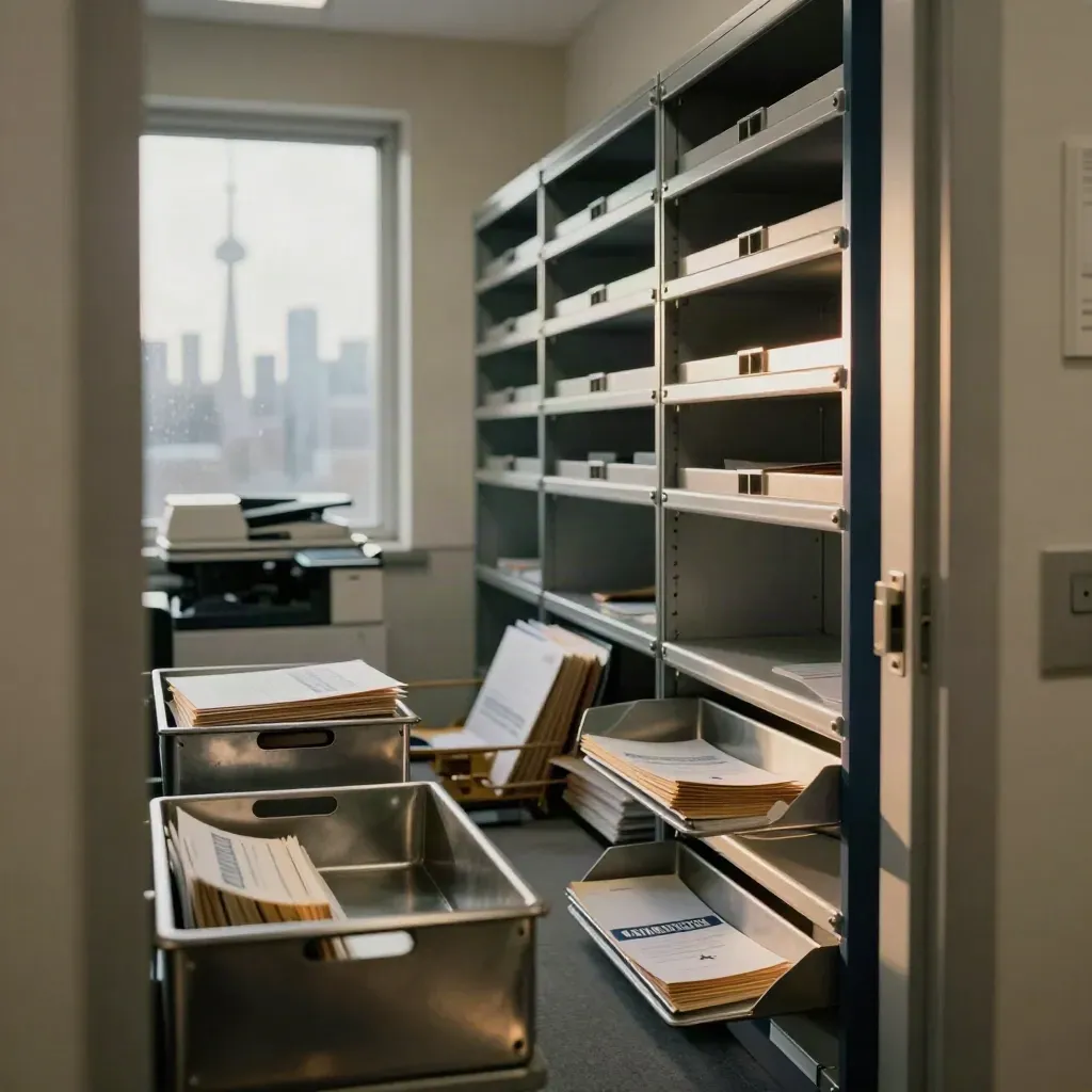 Moody Ontario mailroom with fuller renewal trays, nearly empty return tray, and faint Toronto skyline beyond glass.