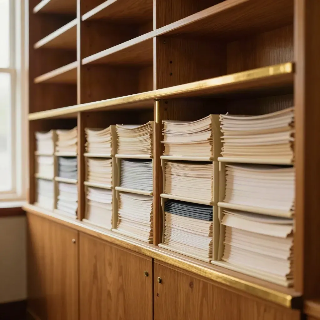 Six matching notice stacks on a union mail shelf in warm afternoon light.