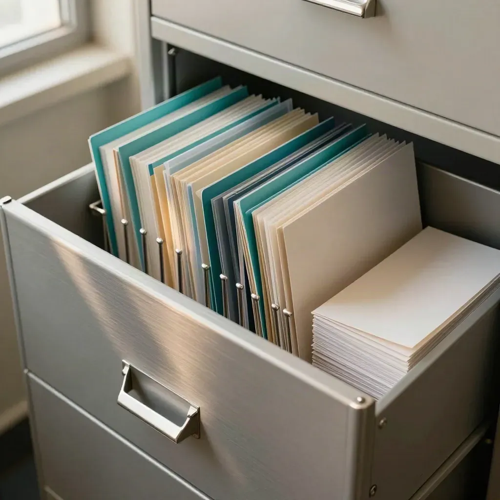 Open archive drawer with teal tabbed member files and a consolidated duplicate stack in a steel records bay.