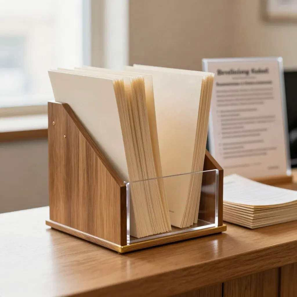 A close-up benefits display stand with filled sleeves, acrylic holder, and an open kit on a warm plinth.