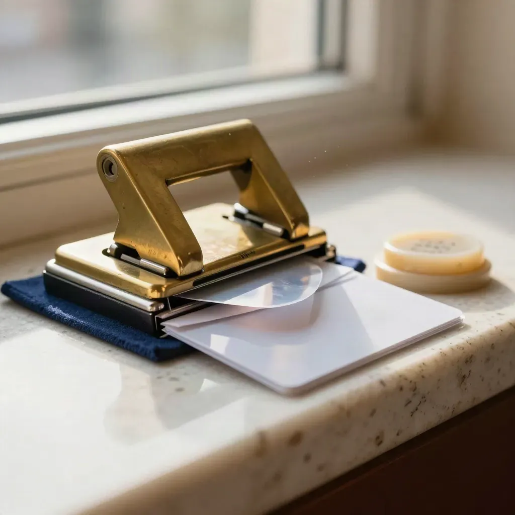 Macro still life of membership enrollment tools on travertine with brass and navy accents