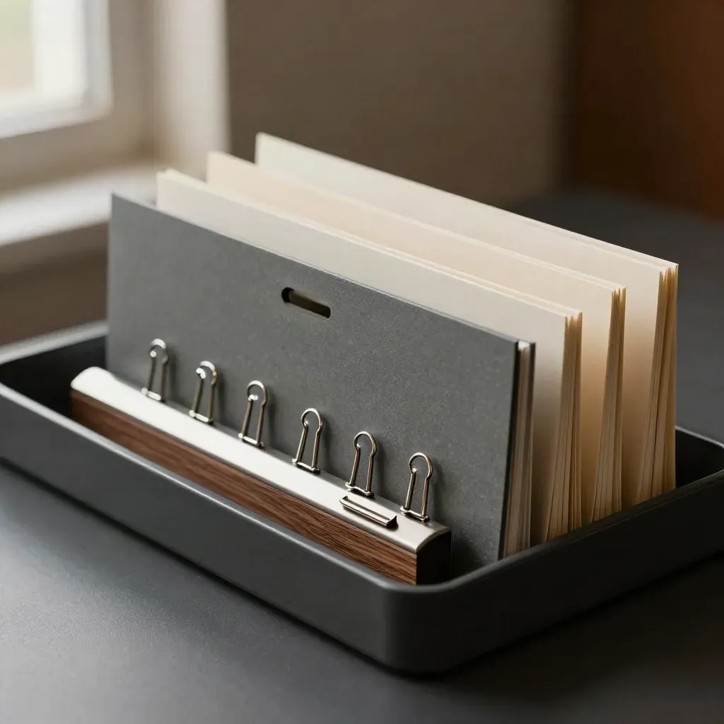 Matte-black inbox tray with color tabs and index blocks on brushed metal, lit dramatically