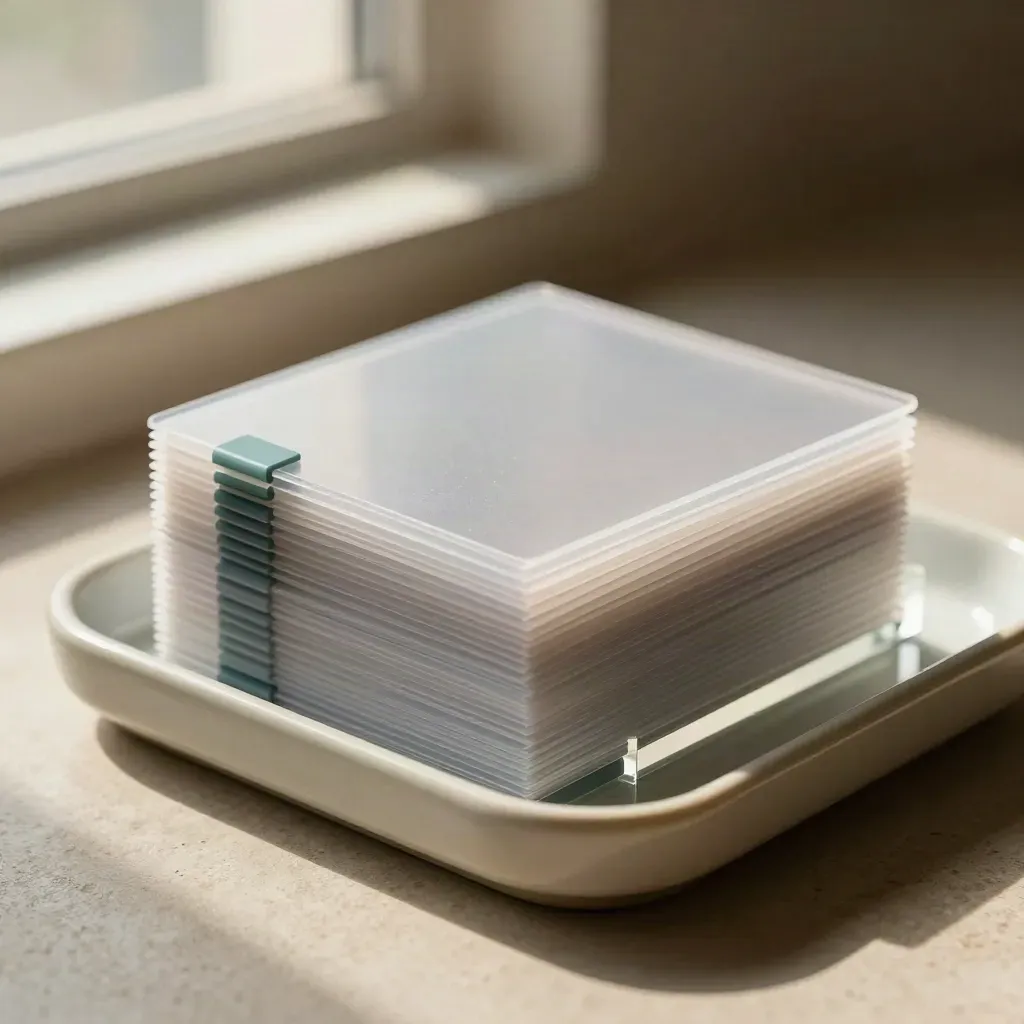 Translucent card sleeves and spacer blocks arranged in a ceramic tray, close side-lit macro