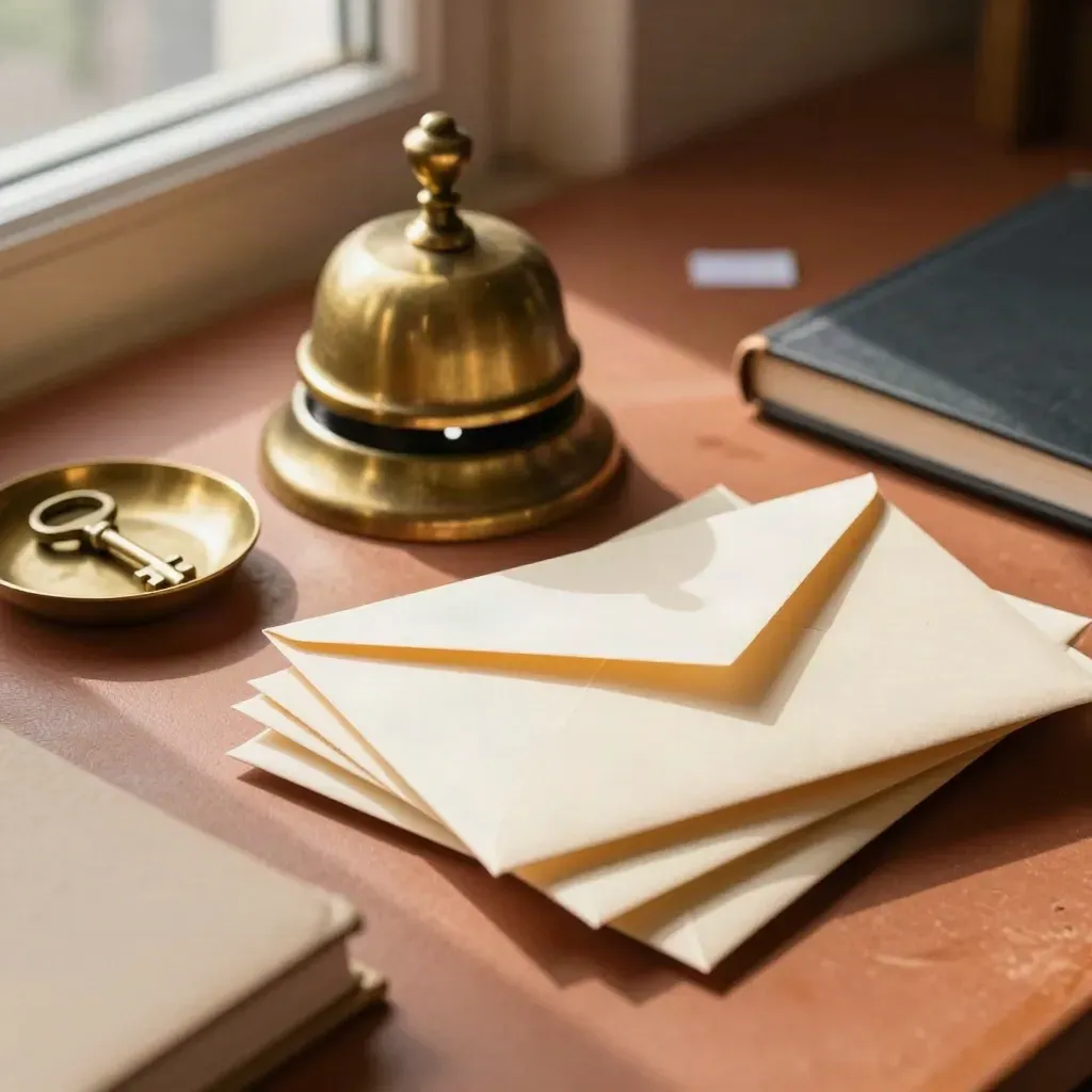 Brass desk bell, envelope bundle, and key tray on terracotta plaster