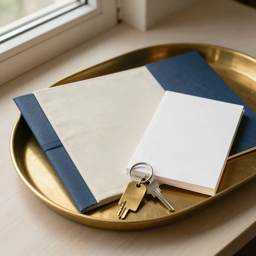 Brass tray with folders, cards, and a key ring on pale wood in soft side light