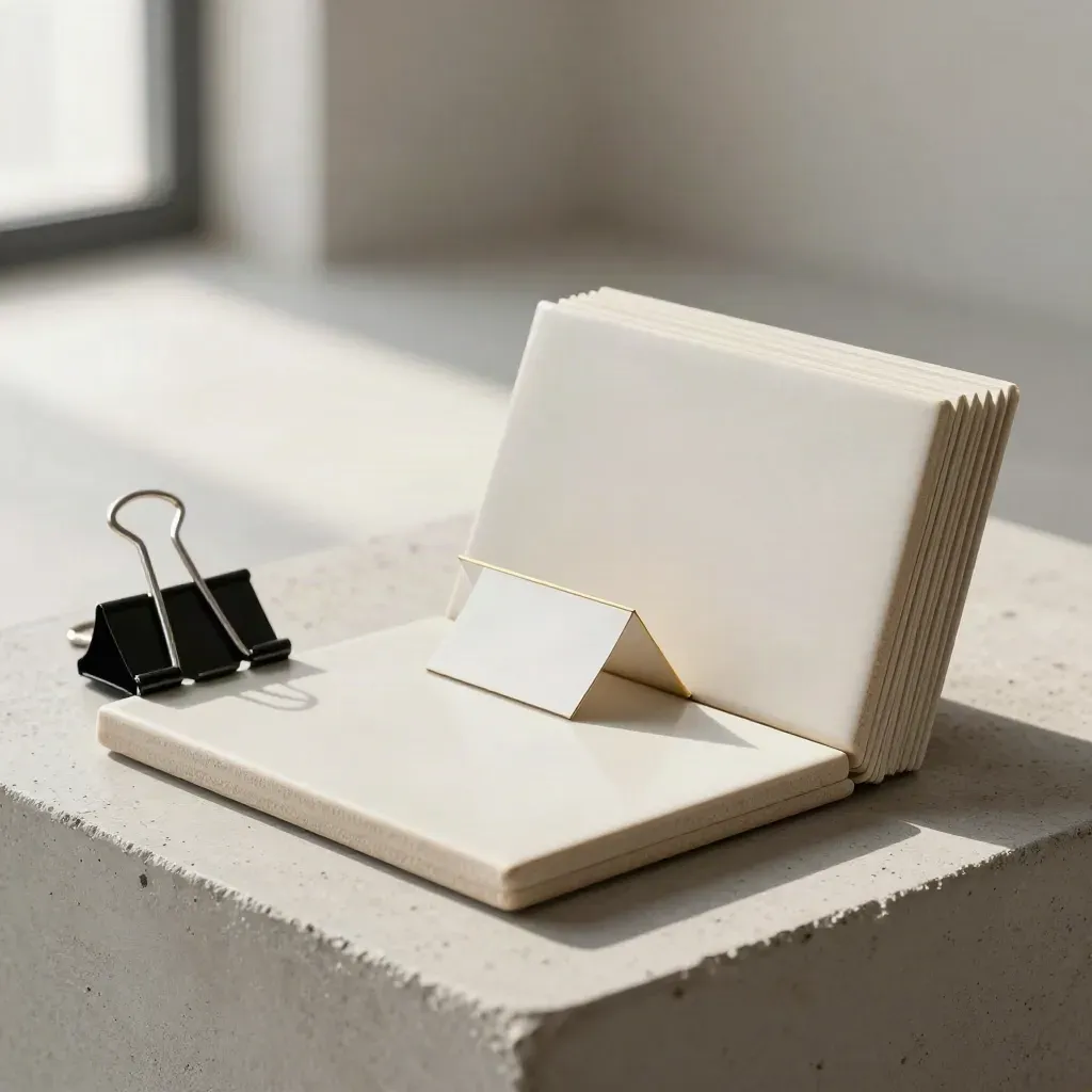 Three ceramic tiles, binder clips, and blank tabs on pale concrete, lit from the side.