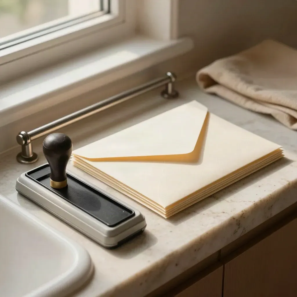 Mail tub with sealed envelopes, stamp pad, and steel rail on limestone.