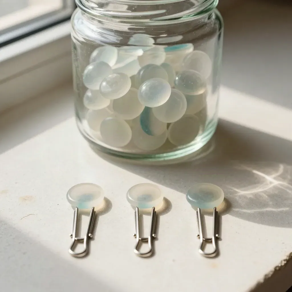 Glass jar, tally chips, and metal clips on pale plaster in soft light.