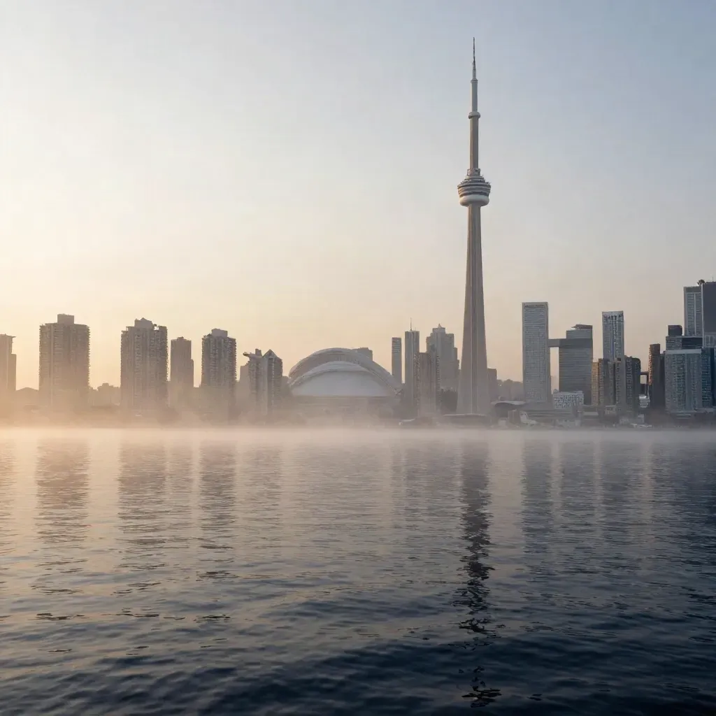 Toronto skyline over Lake Ontario at dawn, CN Tower in haze above calm water.