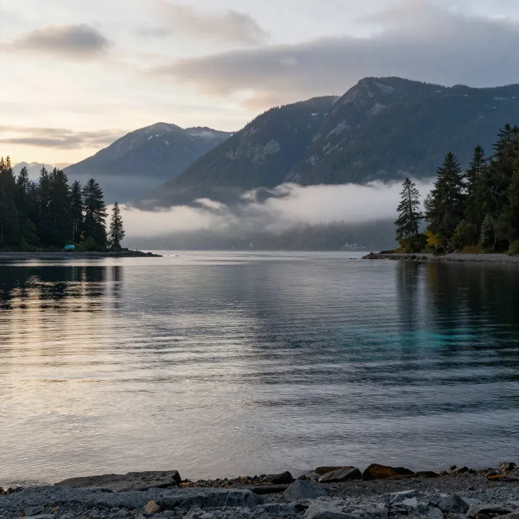 Vancouver harbour dawn with mist, glassy water, and the North Shore mountains high in haze.