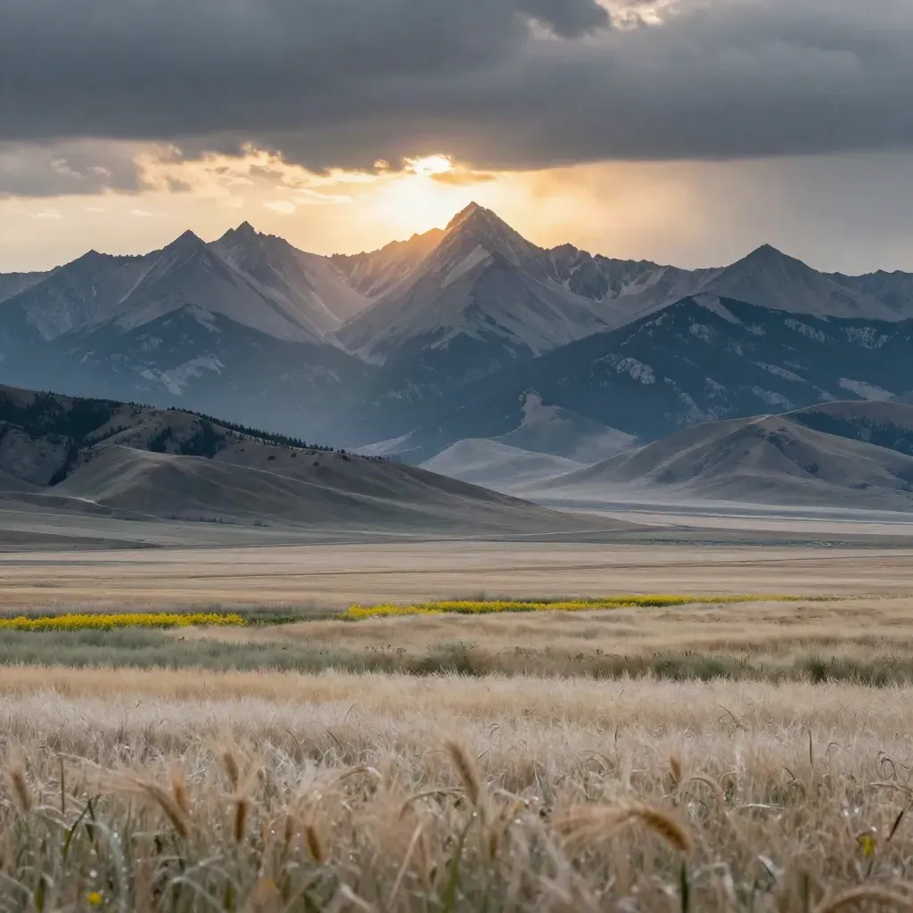 Storm-cleared Alberta Rockies above a hazy prairie valley and canola edge at sunrise.