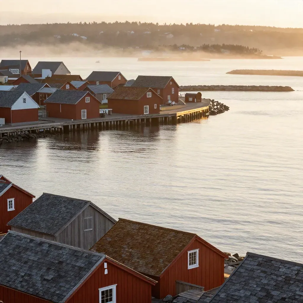 Fog-softened Halifax Harbour at sunset with weathered roofs and calm water under warm light